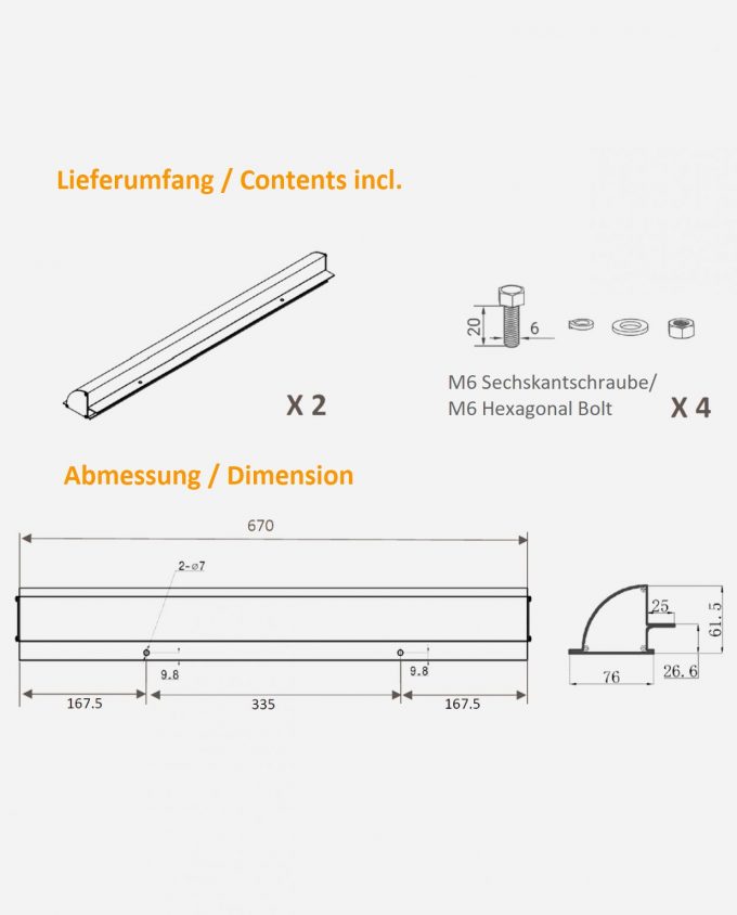 enjoysolar Alu Schiene Halterung 670mm Abmessung und Lieferumfang