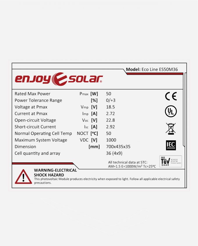 enjoy solar Mono Perc 166 9BB solarmodul 50W 12V Label